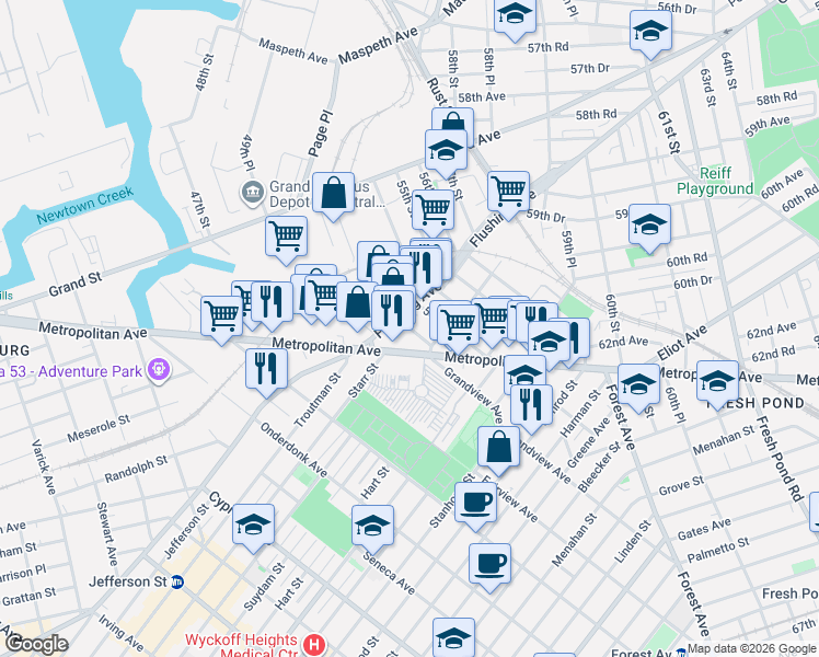 map of restaurants, bars, coffee shops, grocery stores, and more near in Queens