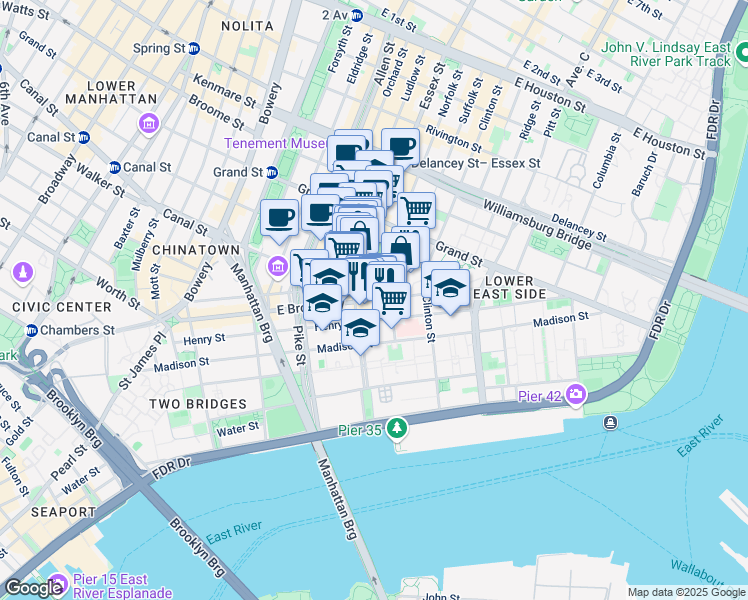map of restaurants, bars, coffee shops, grocery stores, and more near 188 East Broadway in New York