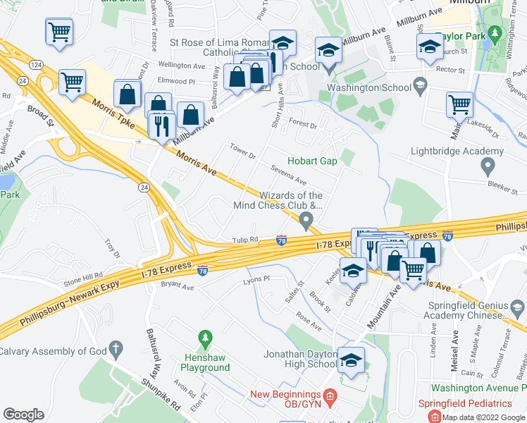 map of restaurants, bars, coffee shops, grocery stores, and more near 436A Morris Avenue in Springfield