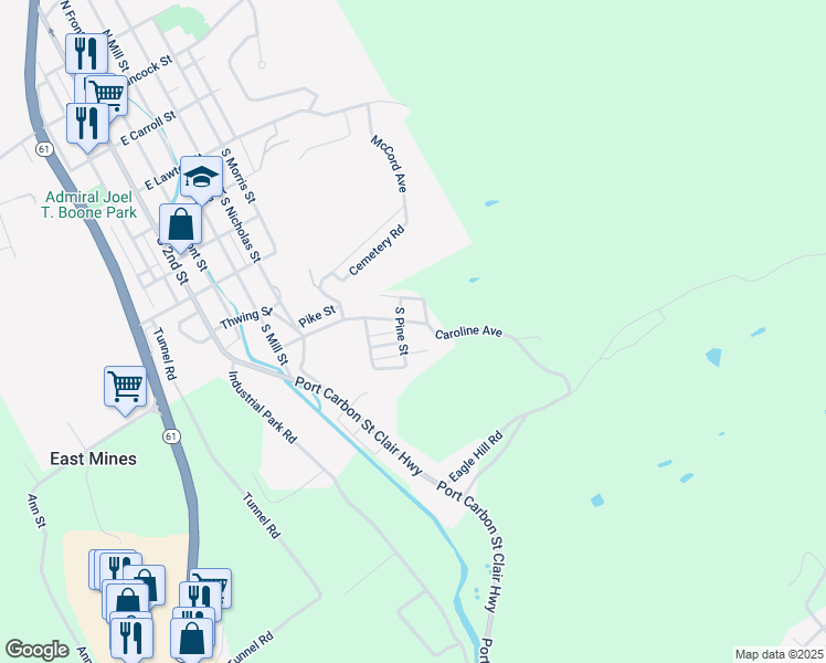 map of restaurants, bars, coffee shops, grocery stores, and more near 68 Caroline Avenue in Pottsville