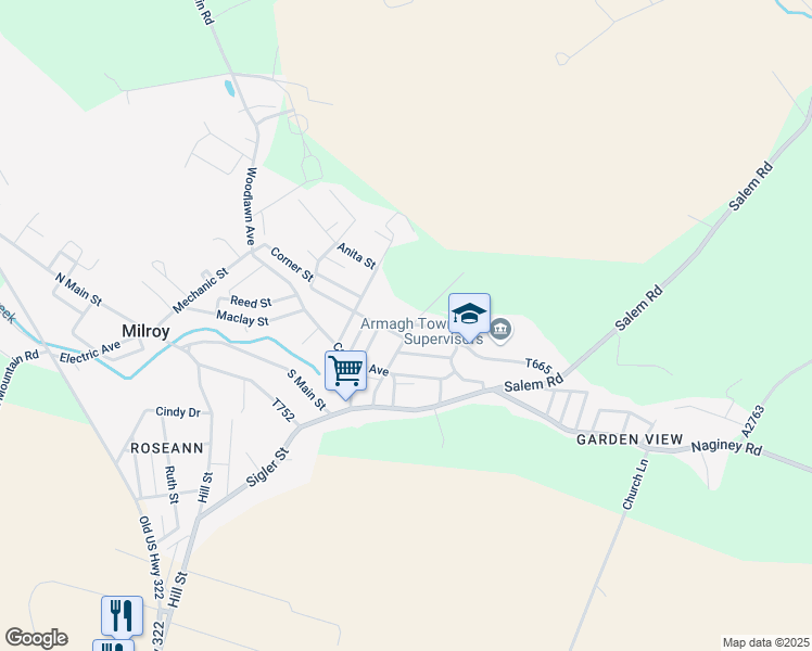 map of restaurants, bars, coffee shops, grocery stores, and more near 99 King Street in Milroy