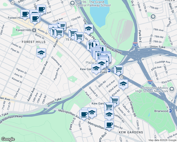 map of restaurants, bars, coffee shops, grocery stores, and more near 78-14 Austin Street in Queens
