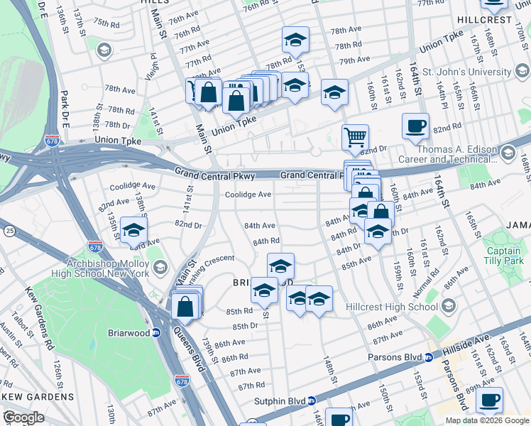 map of restaurants, bars, coffee shops, grocery stores, and more near 143-45 Hoover Avenue in Queens