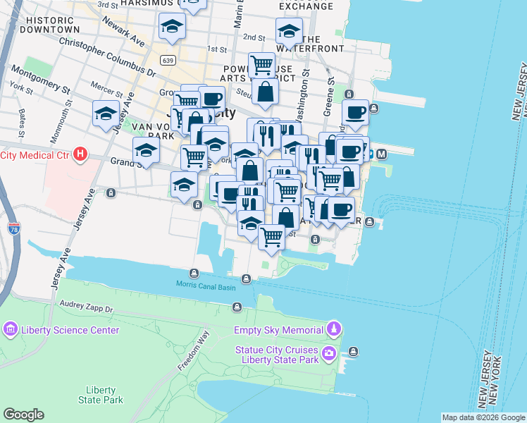 map of restaurants, bars, coffee shops, grocery stores, and more near 103 Sussex Street in Jersey City