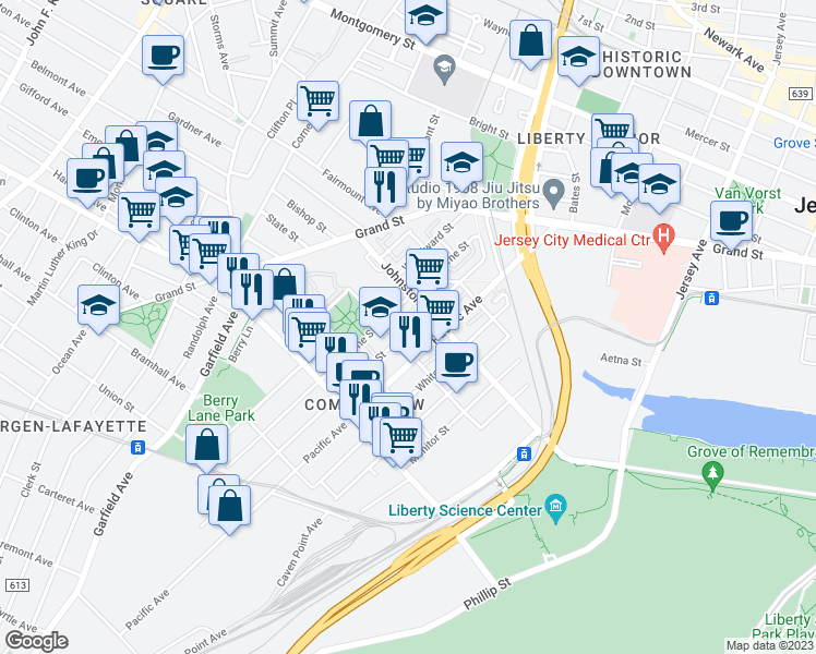 map of restaurants, bars, coffee shops, grocery stores, and more near 296 Van Horne Street in Jersey City