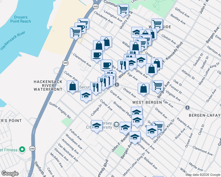 map of restaurants, bars, coffee shops, grocery stores, and more near in Jersey City