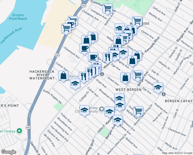 map of restaurants, bars, coffee shops, grocery stores, and more near in Jersey City