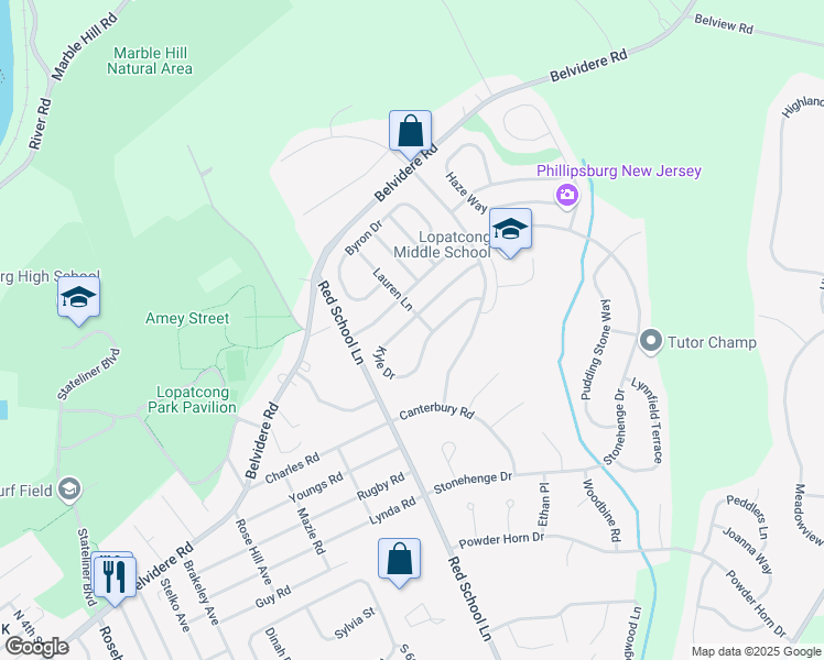 map of restaurants, bars, coffee shops, grocery stores, and more near 23 Kyle Drive in Phillipsburg