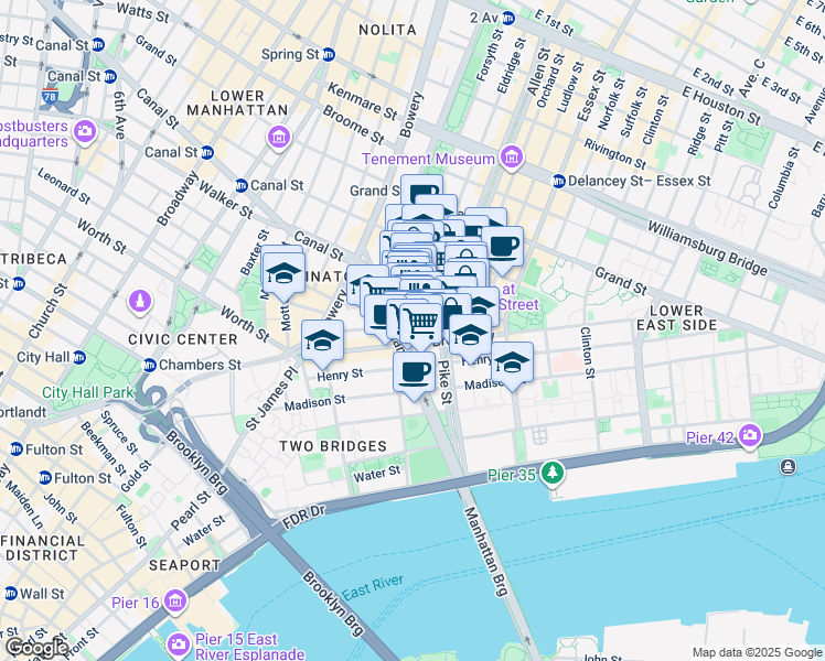 map of restaurants, bars, coffee shops, grocery stores, and more near 77 Division Street in New York