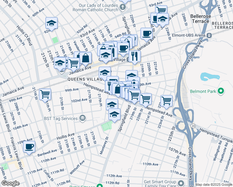 map of restaurants, bars, coffee shops, grocery stores, and more near 218-25 101st Avenue in Queens