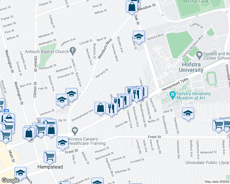 map of restaurants, bars, coffee shops, grocery stores, and more near 53 Surrey Lane in Hempstead