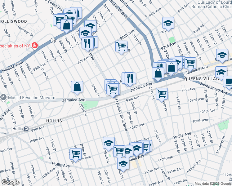 map of restaurants, bars, coffee shops, grocery stores, and more near 94-20 207th Street in Queens