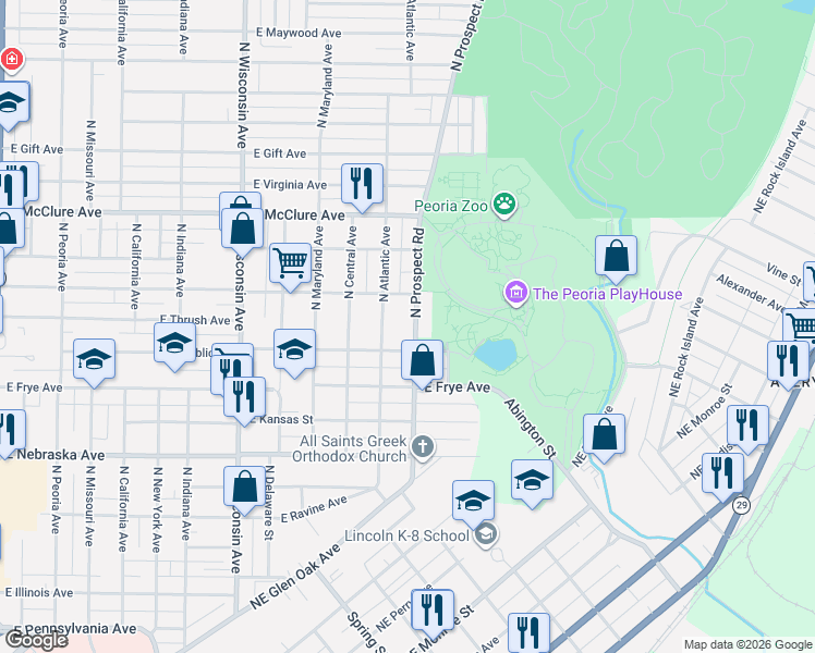 map of restaurants, bars, coffee shops, grocery stores, and more near 2202 North Prospect Road in Peoria