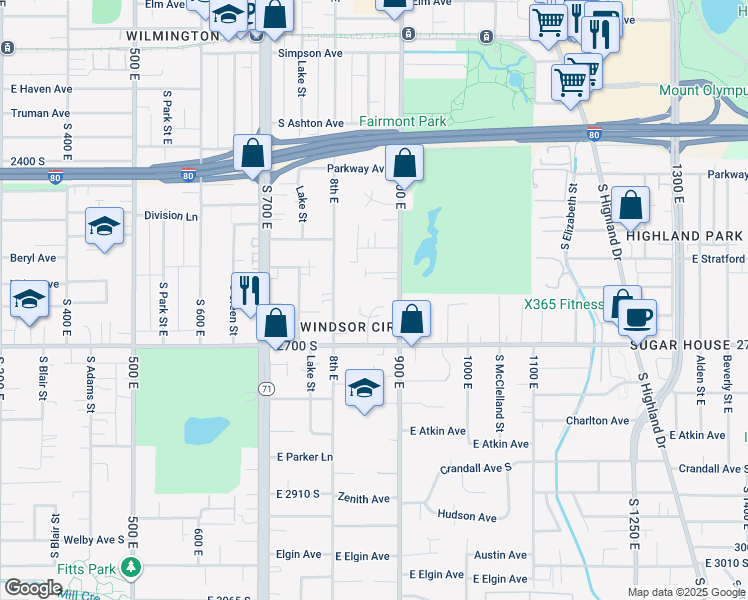map of restaurants, bars, coffee shops, grocery stores, and more near 2588 900 East in Salt Lake City