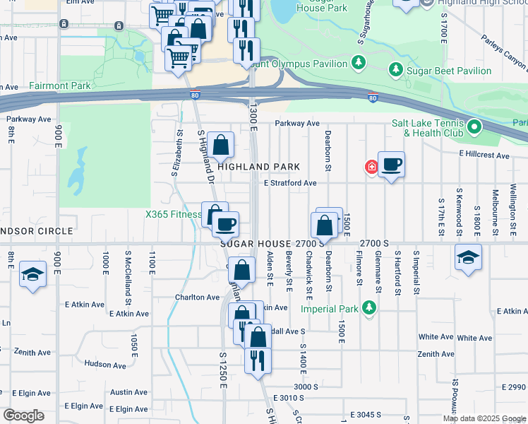 map of restaurants, bars, coffee shops, grocery stores, and more near 2640 South 1300 East in Salt Lake City