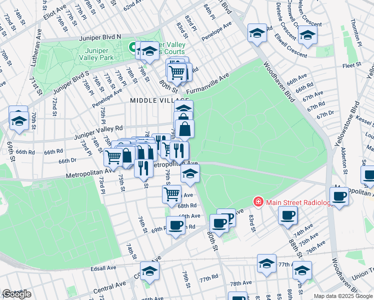 map of restaurants, bars, coffee shops, grocery stores, and more near 66-56 80th Street in Queens