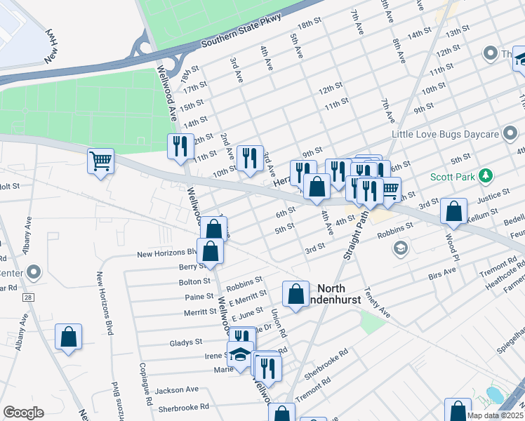 map of restaurants, bars, coffee shops, grocery stores, and more near 229 7th Street in Lindenhurst