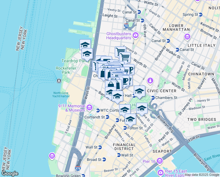 map of restaurants, bars, coffee shops, grocery stores, and more near 56 West Broadway in New York