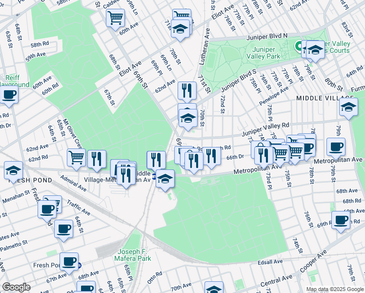 map of restaurants, bars, coffee shops, grocery stores, and more near 69-02 Juniper Valley Road in Queens