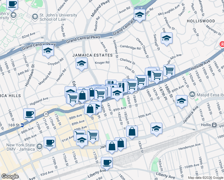 map of restaurants, bars, coffee shops, grocery stores, and more near 87-16 Avon Street in Queens