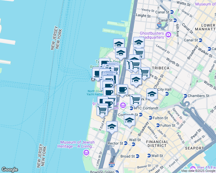 map of restaurants, bars, coffee shops, grocery stores, and more near 250 Vesey Street in New York