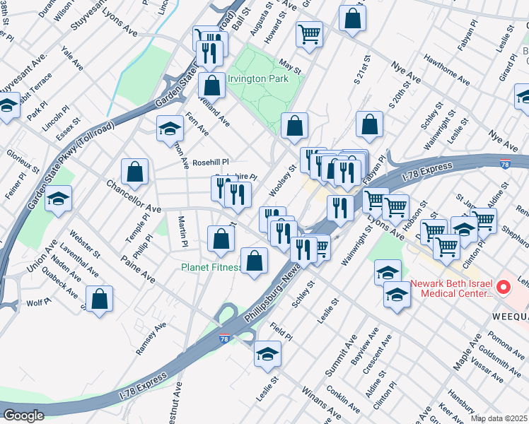 map of restaurants, bars, coffee shops, grocery stores, and more near 1-117 Woolsey St in Irvington