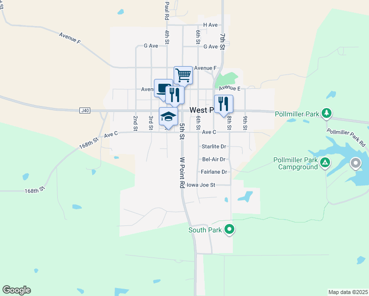 map of restaurants, bars, coffee shops, grocery stores, and more near 107 5th St in West Point