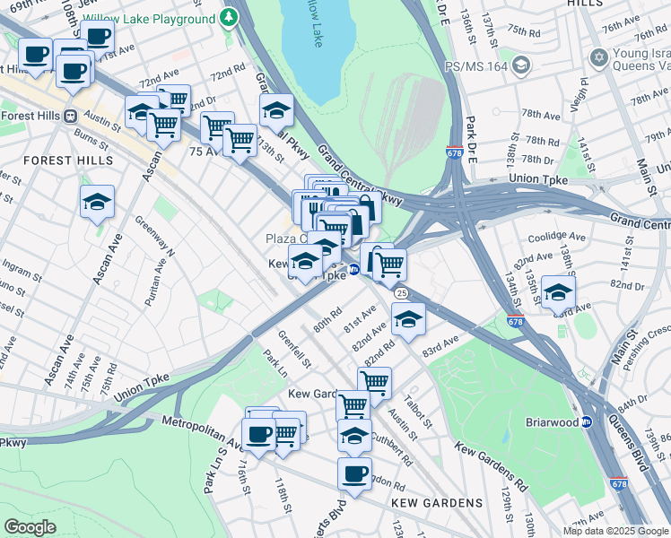map of restaurants, bars, coffee shops, grocery stores, and more near 118-24 Queens Boulevard in Queens