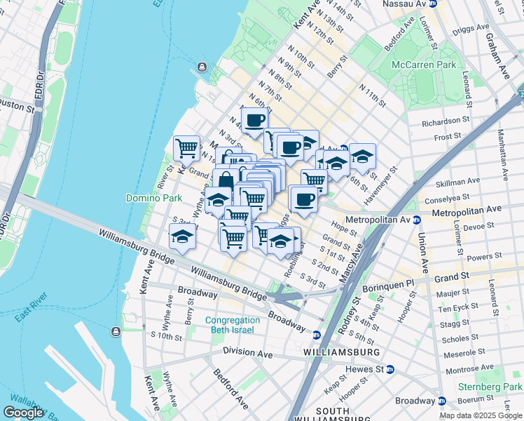 map of restaurants, bars, coffee shops, grocery stores, and more near 156 Grand Street in Brooklyn