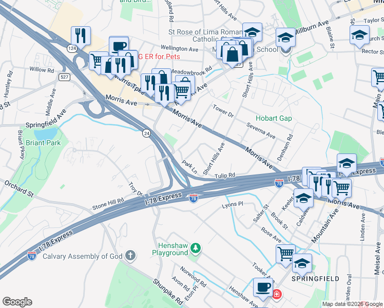 map of restaurants, bars, coffee shops, grocery stores, and more near 54 Springbrook Road in Springfield