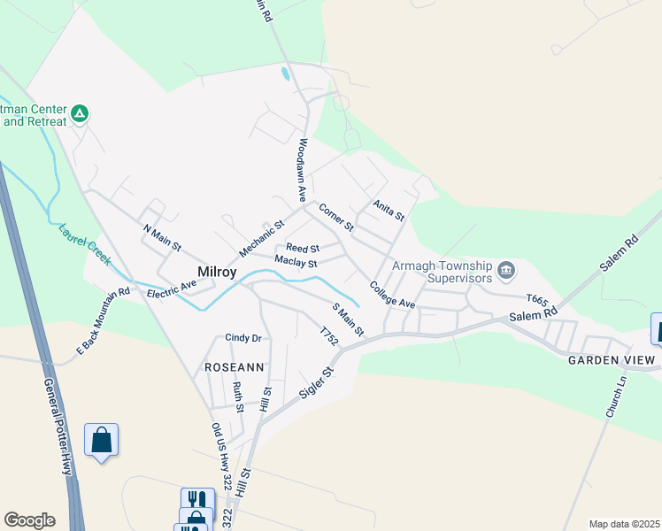 map of restaurants, bars, coffee shops, grocery stores, and more near 110 Maclay Street in Milroy