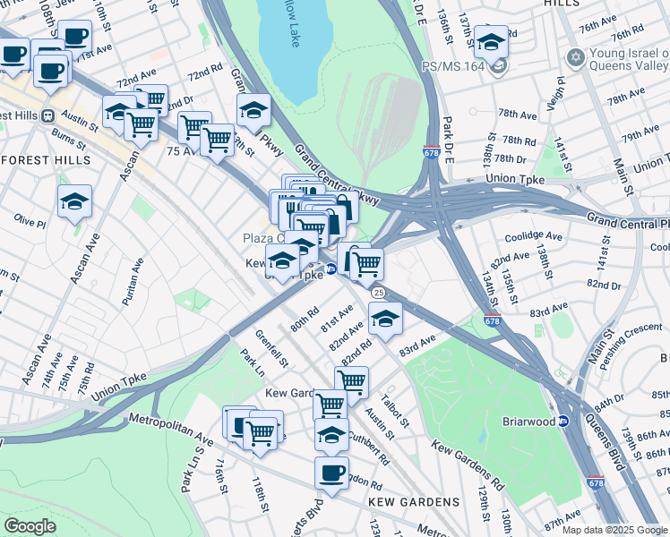 map of restaurants, bars, coffee shops, grocery stores, and more near Union Turnpike in Queens