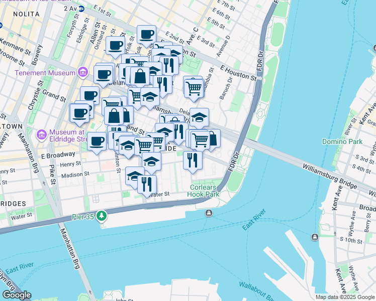map of restaurants, bars, coffee shops, grocery stores, and more near 370 Henry Street in New York