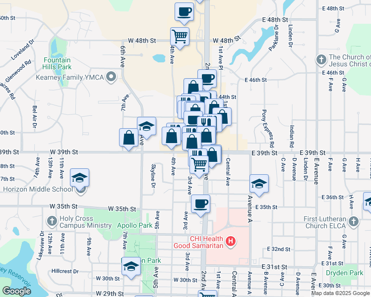 map of restaurants, bars, coffee shops, grocery stores, and more near 291-315 West 39th Street in Kearney
