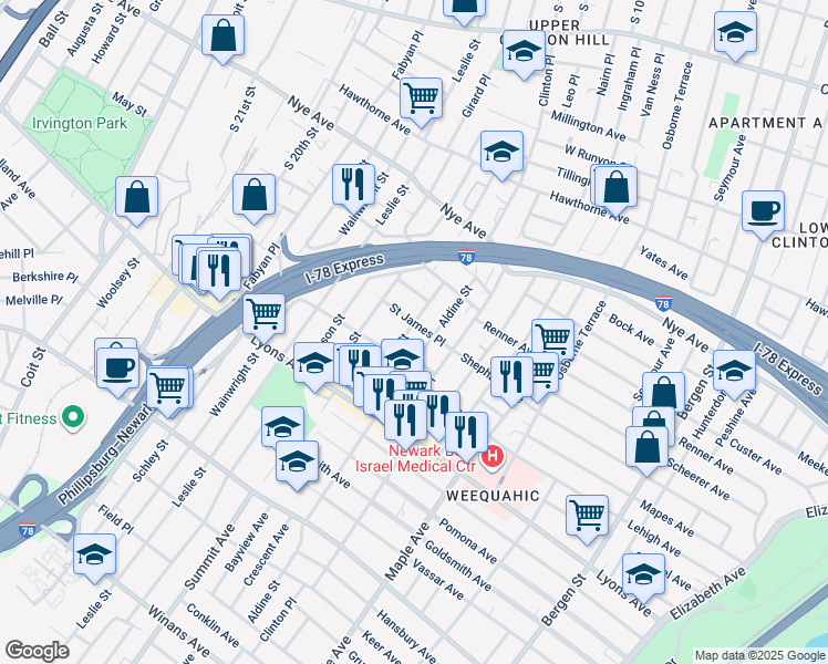 map of restaurants, bars, coffee shops, grocery stores, and more near 36 Saint James Place in Newark