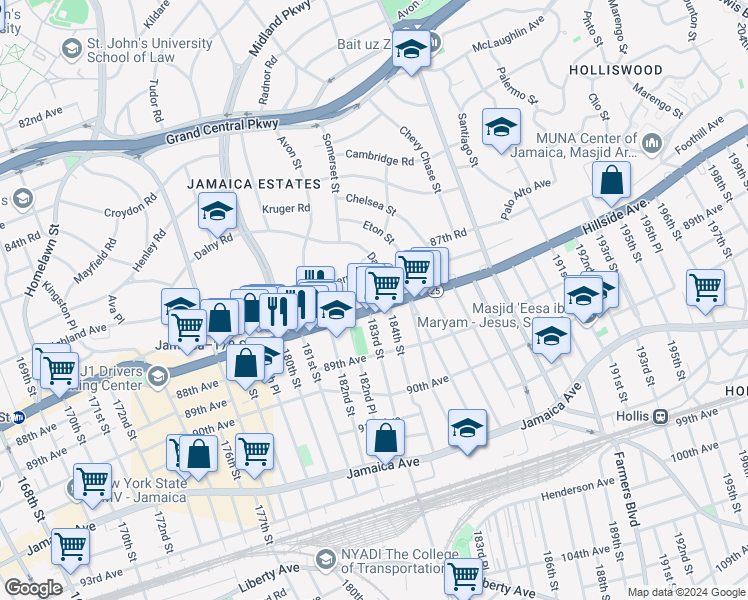 map of restaurants, bars, coffee shops, grocery stores, and more near 183-11 Hillside Avenue in Queens