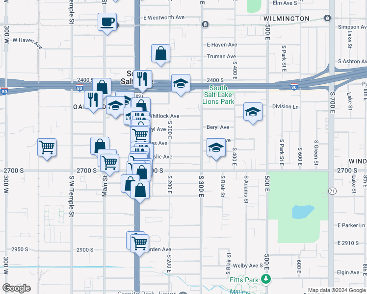 map of restaurants, bars, coffee shops, grocery stores, and more near 285 Vidas Avenue in Salt Lake City