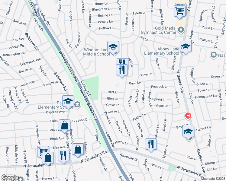 map of restaurants, bars, coffee shops, grocery stores, and more near 57 Cliff Lane in Levittown