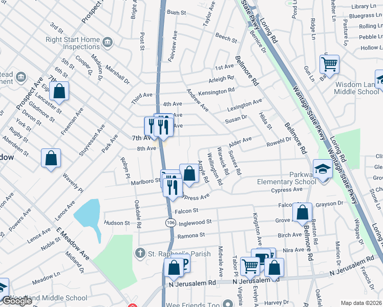 map of restaurants, bars, coffee shops, grocery stores, and more near 371 Star Street in East Meadow