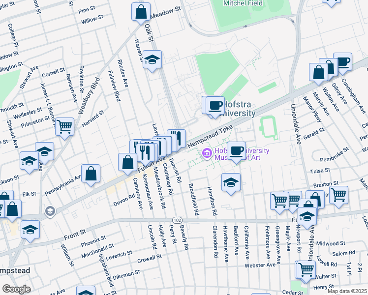map of restaurants, bars, coffee shops, grocery stores, and more near 44 Oak Street in Hempstead