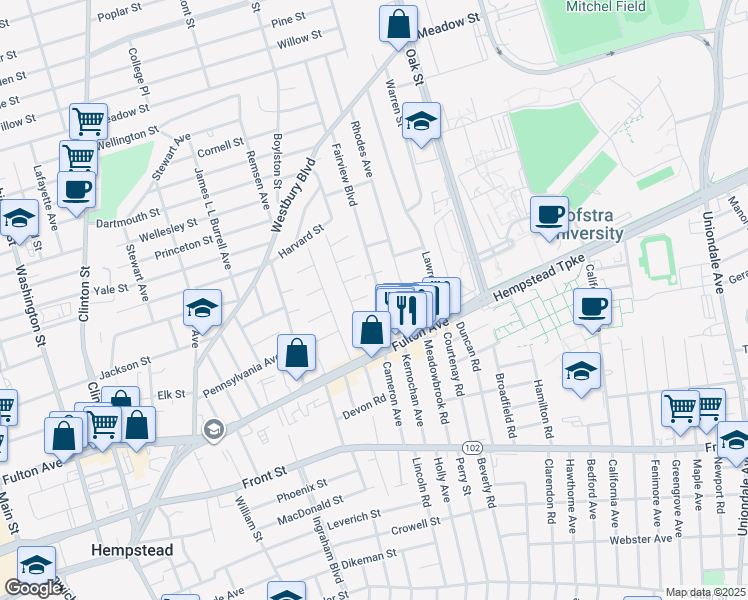 map of restaurants, bars, coffee shops, grocery stores, and more near 64 Fairview Boulevard in Hempstead