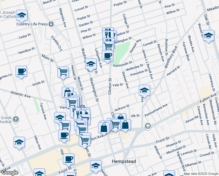 map of restaurants, bars, coffee shops, grocery stores, and more near 89 Lent Avenue in Hempstead