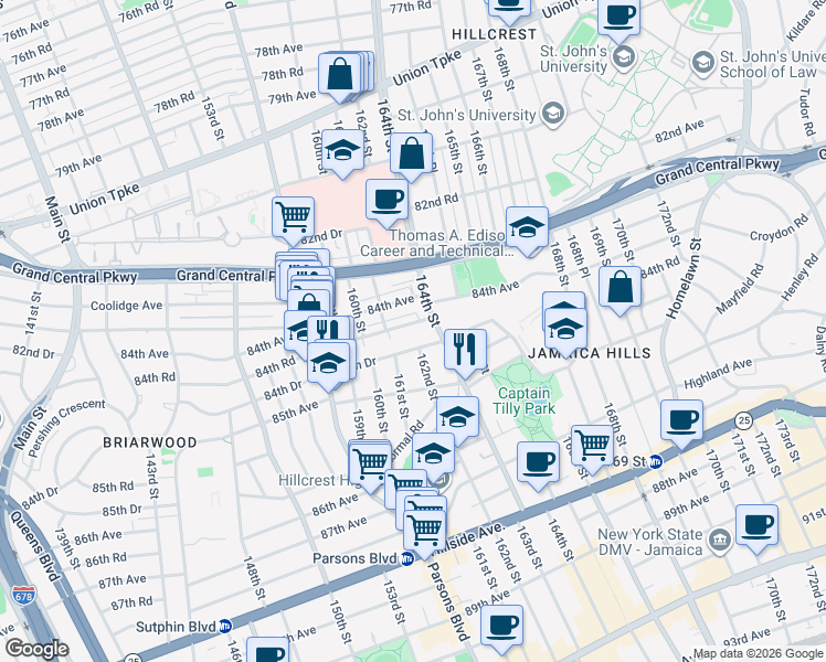 map of restaurants, bars, coffee shops, grocery stores, and more near 161-34 84th Road in Queens