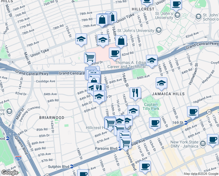 map of restaurants, bars, coffee shops, grocery stores, and more near 160-19 84th Road in Queens