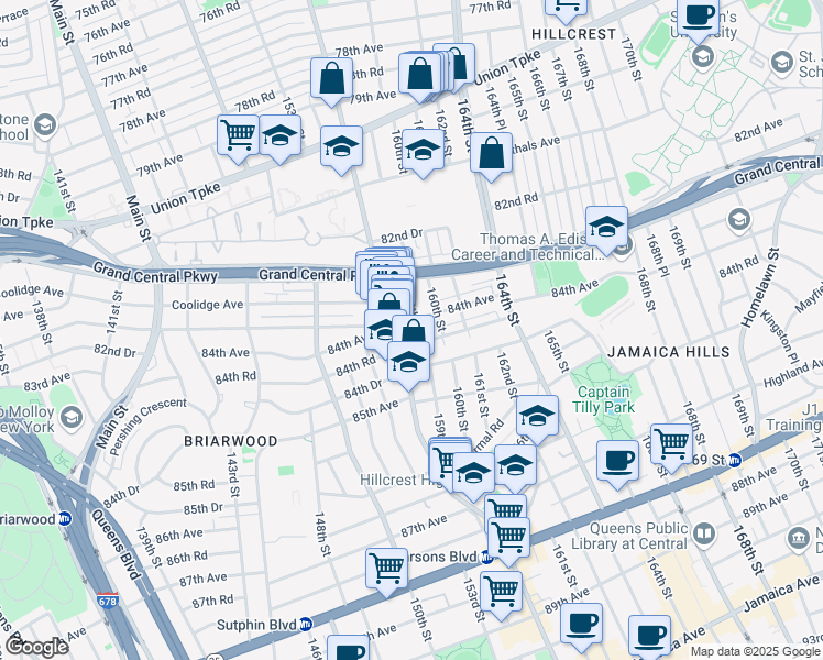 map of restaurants, bars, coffee shops, grocery stores, and more near 159-08 84th Avenue in Queens
