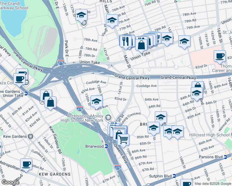 map of restaurants, bars, coffee shops, grocery stores, and more near 141-03 Hoover Avenue in Queens