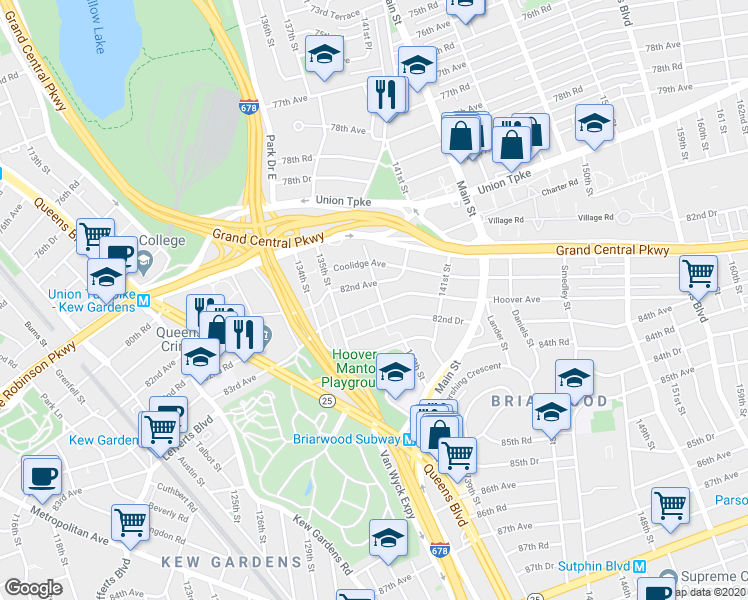 map of restaurants, bars, coffee shops, grocery stores, and more near 82-06 138th Street in Queens