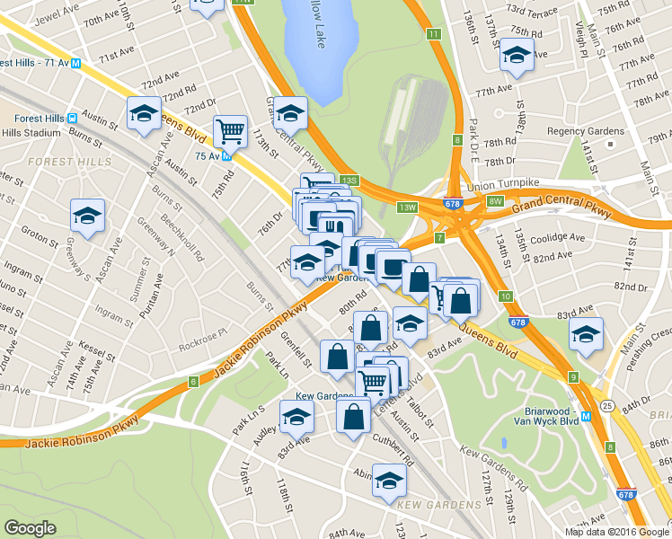 map of restaurants, bars, coffee shops, grocery stores, and more near Union Turnpike in Queens