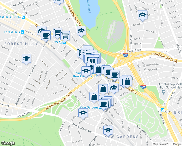 map of restaurants, bars, coffee shops, grocery stores, and more near 78-11 Kew Forest Lane in Queens