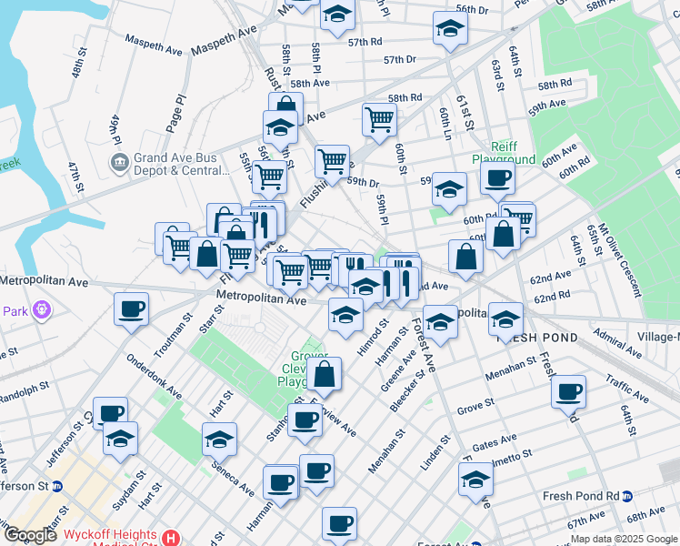 map of restaurants, bars, coffee shops, grocery stores, and more near 60-85 55th Street in Queens